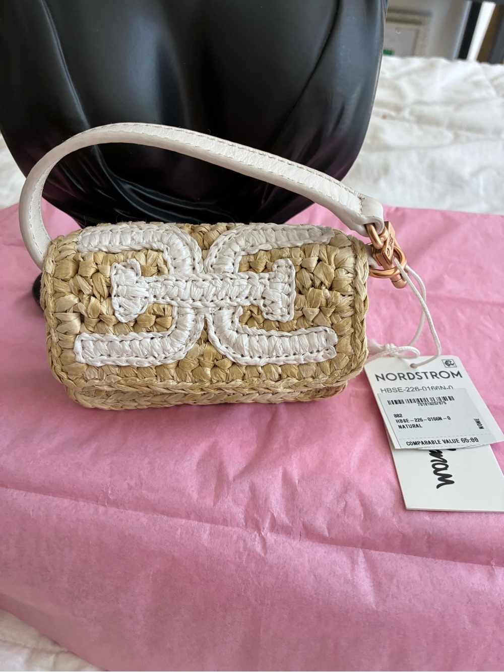 Nordstrom Natural Straw Mini Bag with White Trim and Gold Hardware